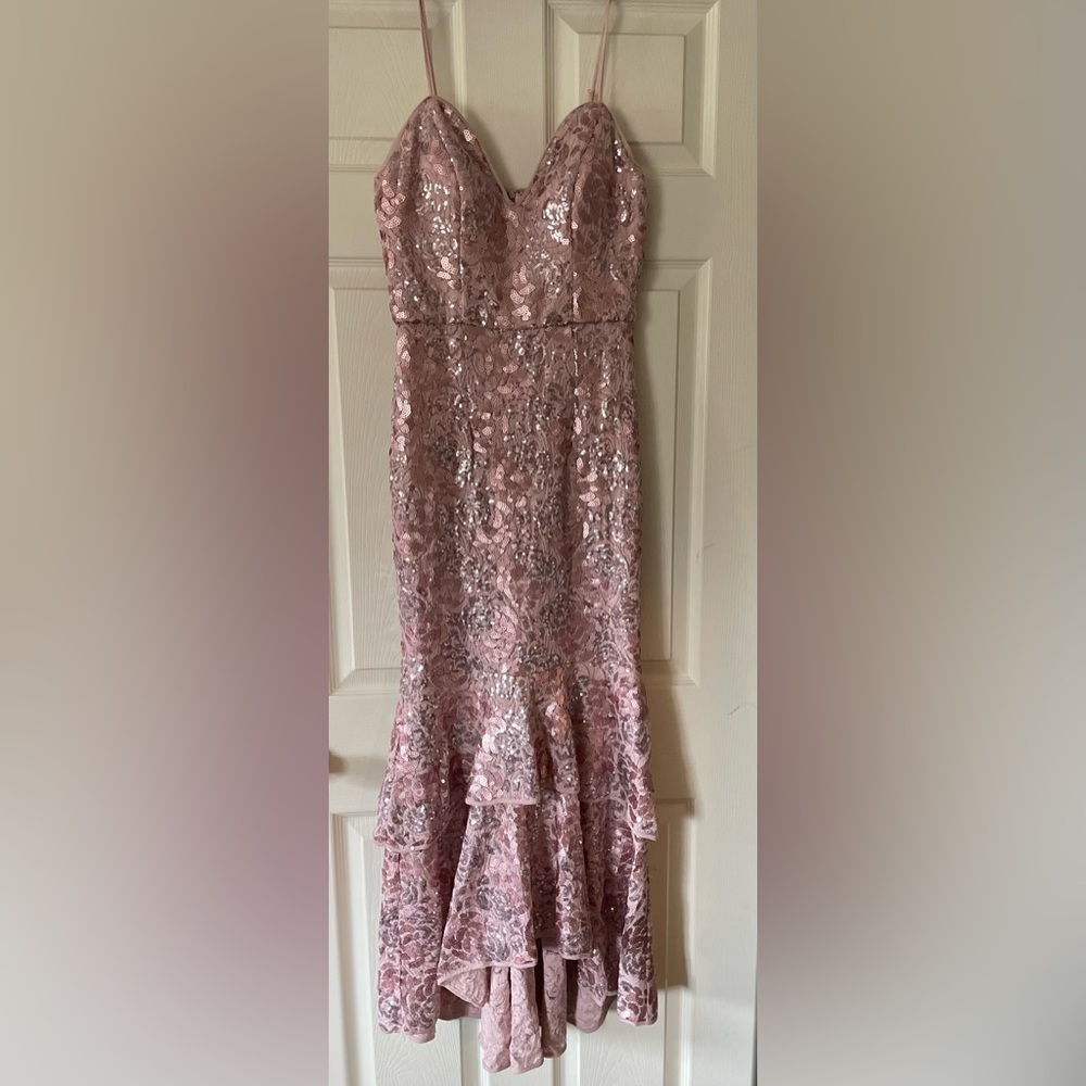 Betsy & Adam floor length mermaid style lace and sequin accented gown